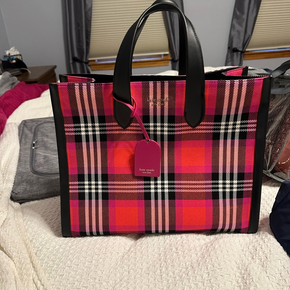 Kate Spade Manhattan Foliage plaid fabric large tote in Vibrant Pink and Black - Picture 2 of 10